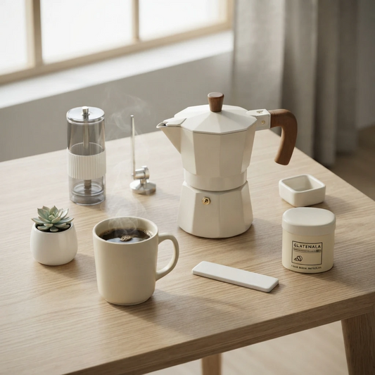 Coffret Le Matin Lent, cafetière moka italienne et moulin manuel